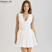 House 清新甜美白色弹力棉迷你连衣裙Carmel
