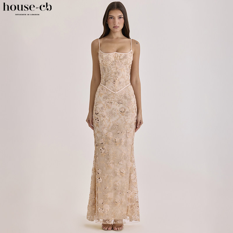 House of CB奢华优雅蜜桃色手工珠绣束腰超长连衣裙Naima
