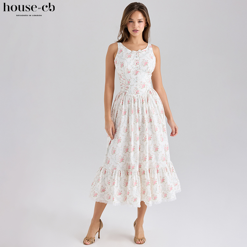 HouseofCB田园风奶油白印花裙