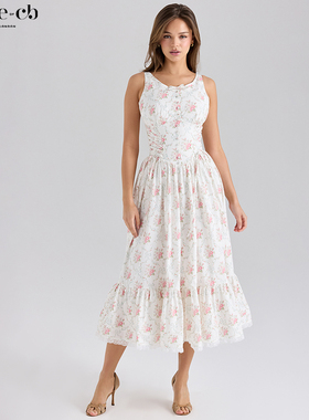 House of CB田园风奶油色玫瑰印花棉质绑带中长连衣裙Sienna