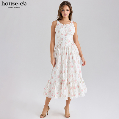 HouseofCB田园风奶油白印花裙