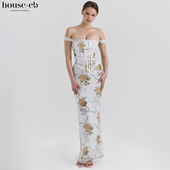 House 华丽性感束腰柔蓝色复古花卉印花超长连衣裙Isis