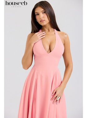 House of CB 显身材显瘦束腰桃红色乔其纱挂脖太阳裙Solada