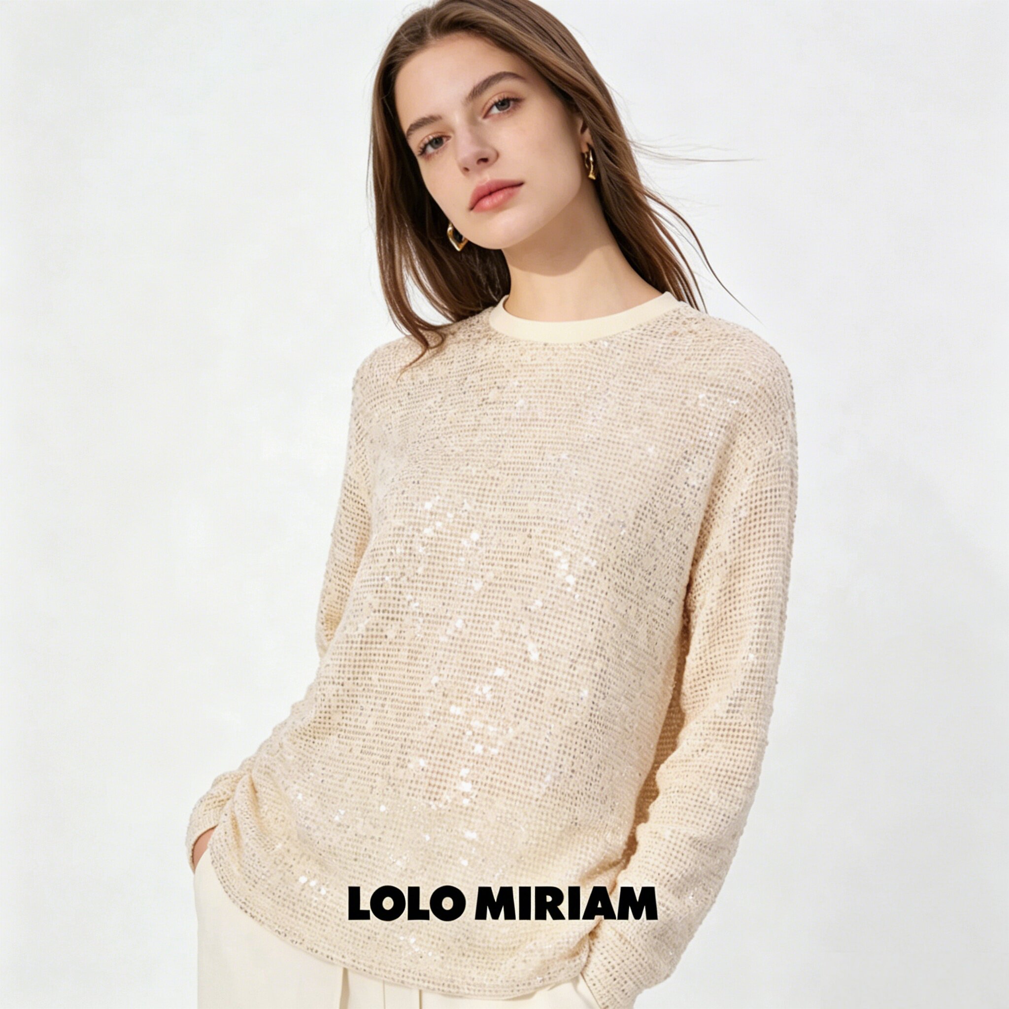 LOLO MIRIAM26春亮片套头镂空罩衫宽松落肩慵懒学院风213220C020