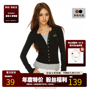 T恤女秋季 FILIRILI美式 假兩件長袖 內(nèi)搭上衣打底衫 復(fù)古刺繡修身