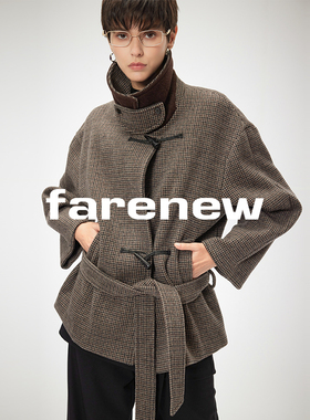 Farenew26春设计师款100%羊毛大翻领外套绑带老钱风31827047