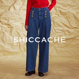 希凯驰25冬设计师款 复古港风做旧133128N048 纯棉双排扣牛仔裤