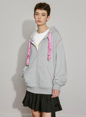 希凯驰25秋外套女灰色针织撞色拉链31627004