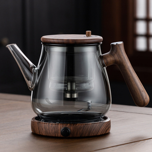 侧把玻璃茶壶家用耐高温高硼硅茶水分离泡茶壶胡桃木按压式泡茶壶