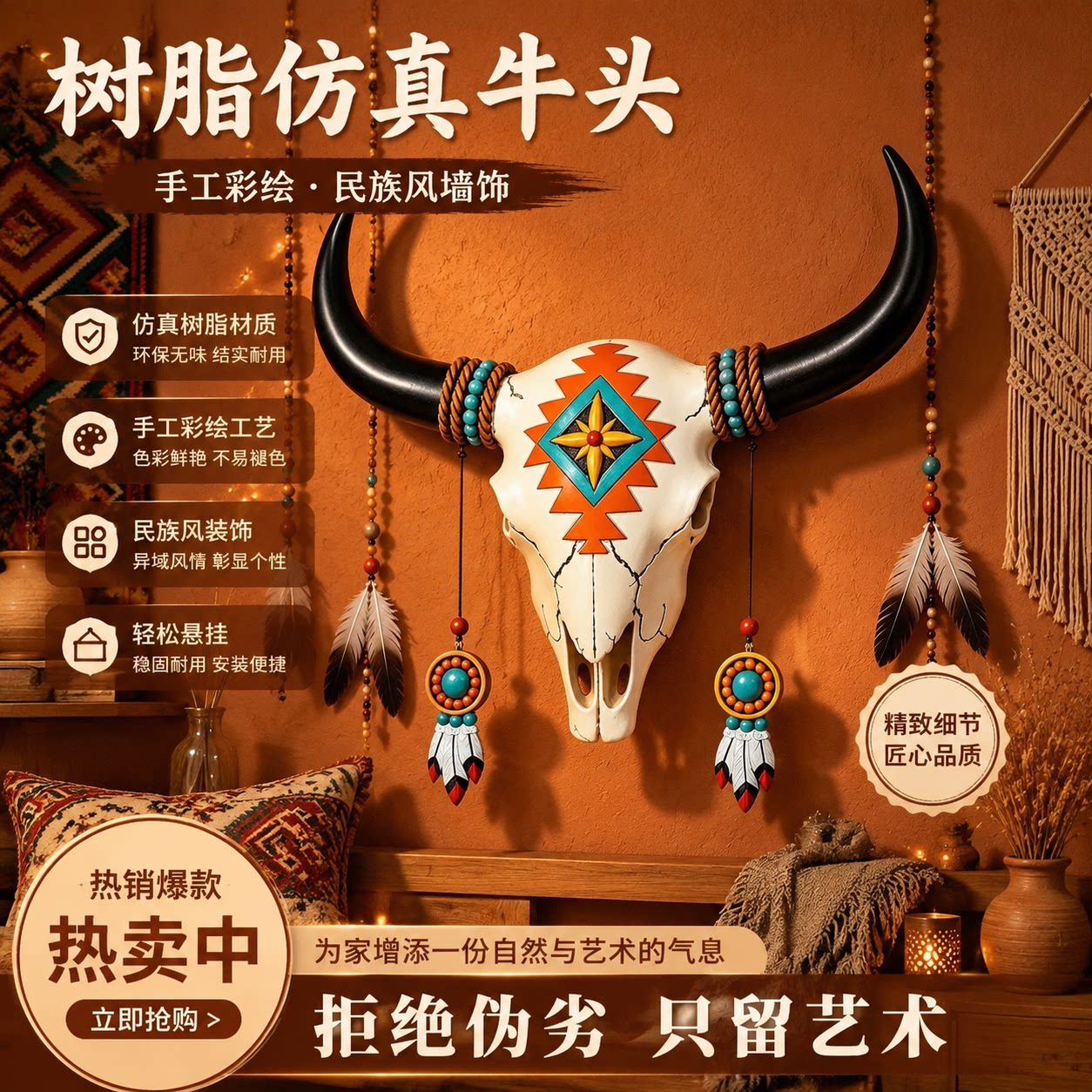印第安复古牛头壁挂手工彩绘壁饰