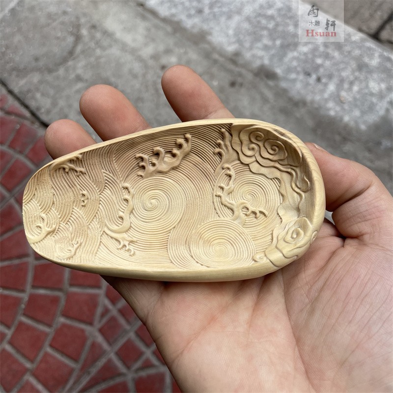 崖柏黄杨木雕祥云龙图案茶则手把件茶宠摆件禅意实木功夫茶具配件