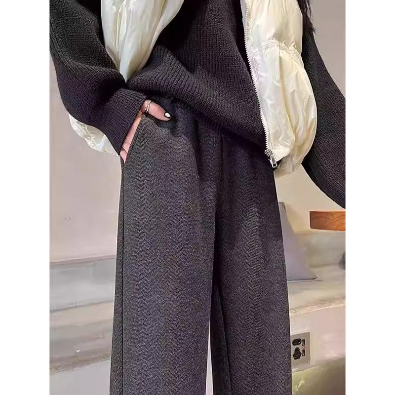 好货大码加绒加厚直筒休闲裤女胖妹妹秋冬小个子宽松高腰毛呢阔腿