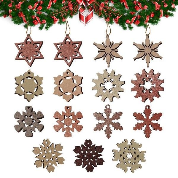 Wooden Snowflakes Decor Snowflake Ornaments Bulk 15Pcs