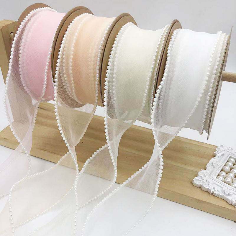 极速新疆西藏包邮4cm网红珍珠鱼尾纱鲜花束包装丝带韩式卷边纱带