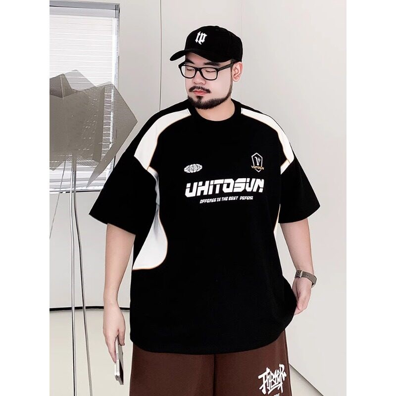 好货夏季新款宽松休闲男士大码上衣短袖日常百搭圆领黑白插肩体恤
