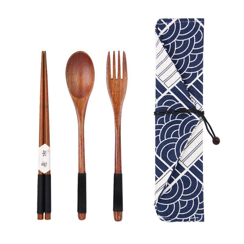 极速Wood Tableware Wooden Set Travel Dinnerware Cloth Gifts