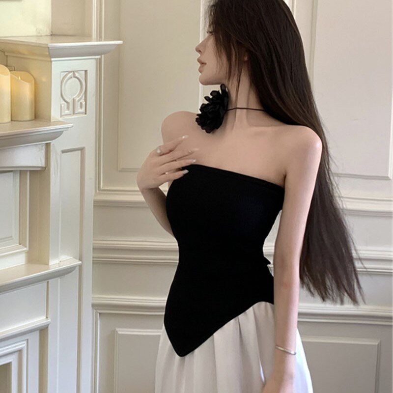 辣妹黑色低领抹胸背心女春装2024气质不规则内搭显瘦吊带上衣夏季