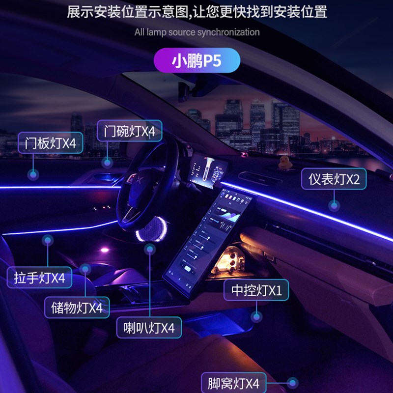 好货小鹏P5专用款氛围灯64色免穿线P7原厂屏幕语音控制音乐律动内
