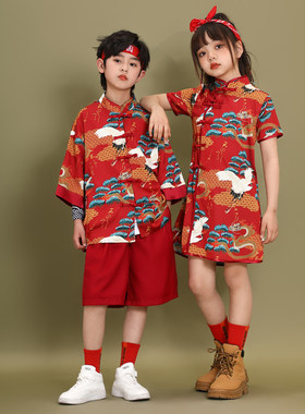 好货男童汉服秋冬款唐装女童套装儿童啦啦队中国风表演潮服元旦演