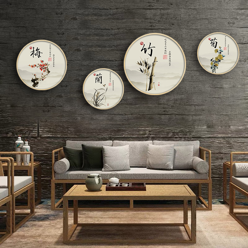 圆形走廊玄关装饰画带灯禅意字画客厅茶室挂画新中式背景墙壁画