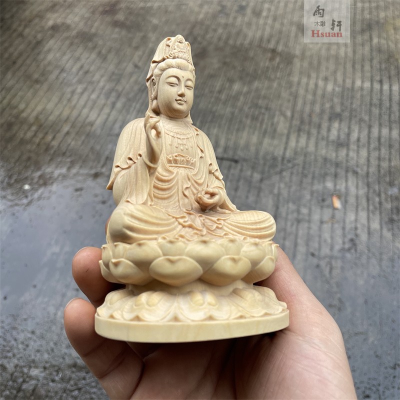 小叶黄杨木雕观音菩萨家用坐莲花观音佛像供奉观世音佛堂观音摆件