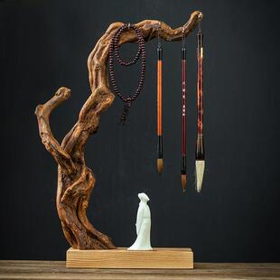 风化实木毛笔架李白笔托笔挂毛笔架子实木挂笔创意大自然树枝挂架