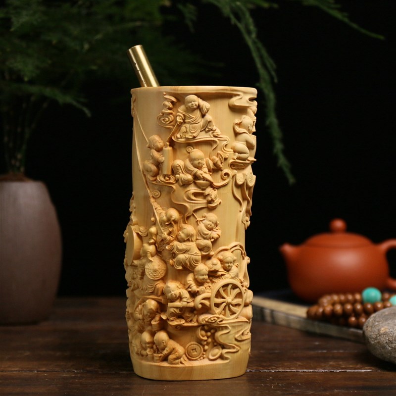 小叶黄杨木雕实木雕刻木质摆件文房工艺文化礼品人物收藏百子笔筒