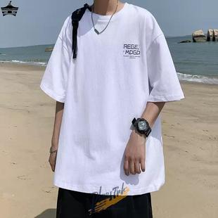 韩版 宽松时尚 字母印花夏季 新款 美式 情侣装 含棉简约炸街T恤男短袖