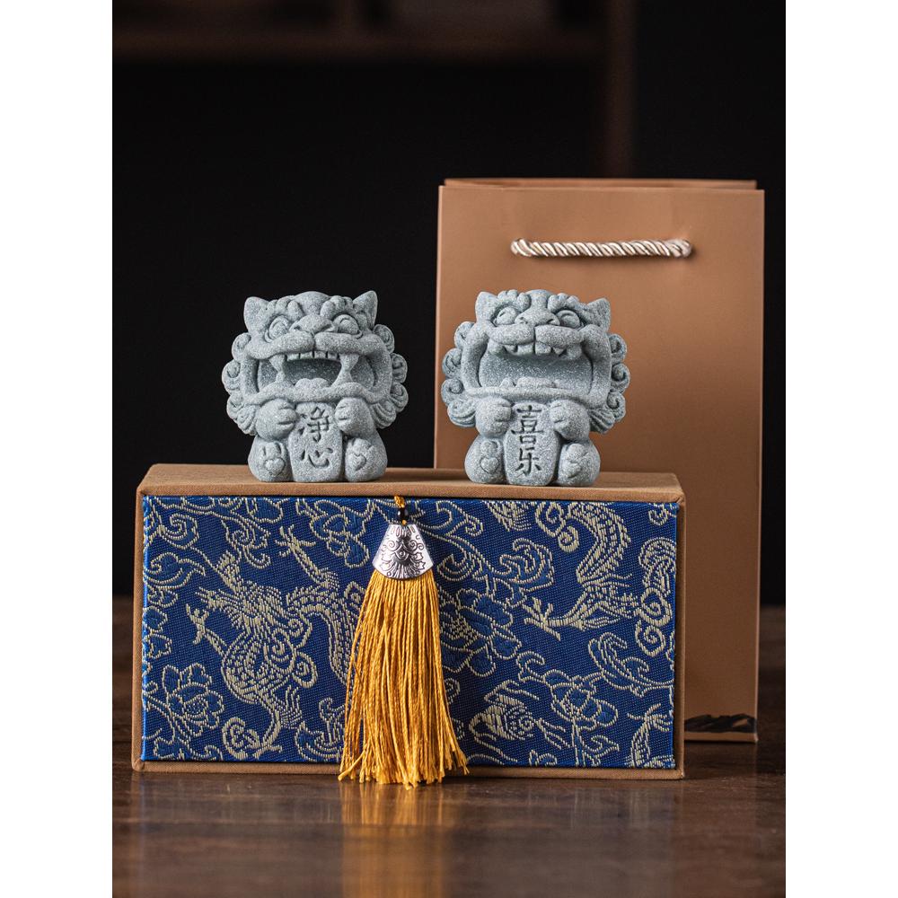 创意小狮子净心喜乐一对礼盒装茶宠摆件笔架笔搁书房镇纸桌面装饰