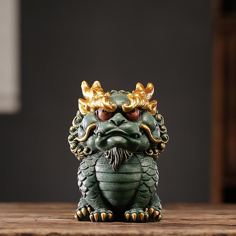 中式彩金呆萌麒麟桌面装饰品摆件创意招财龙龟盘龙卧龙工艺品送礼