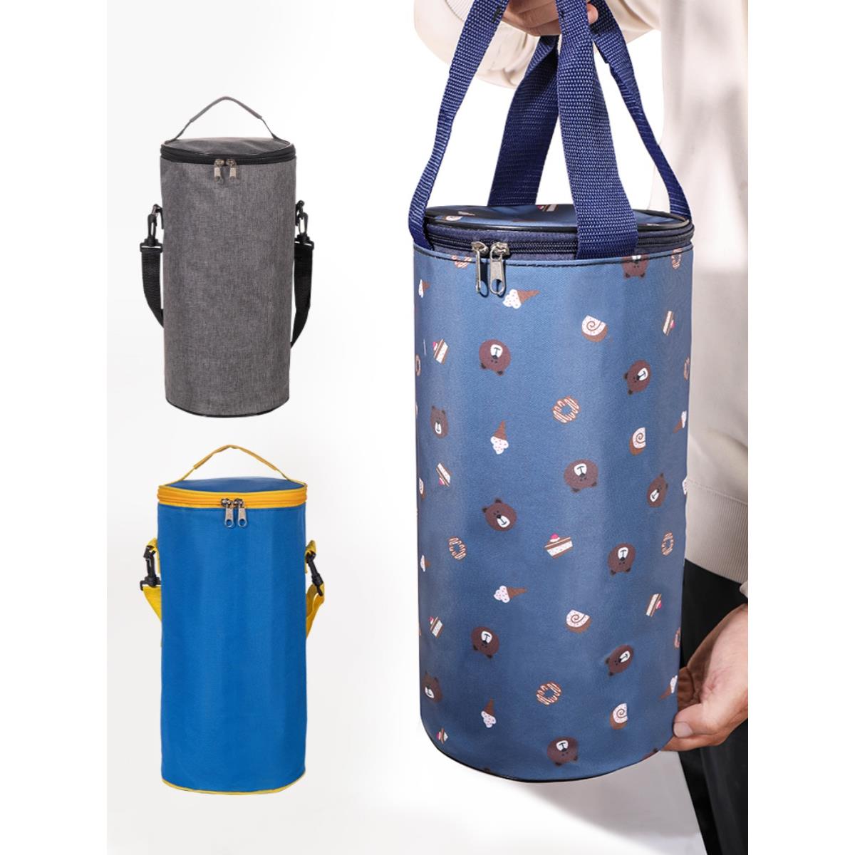 加厚保温袋高圆形户外便携帆布隔热铝箔四层保温饭盒便当包午餐包