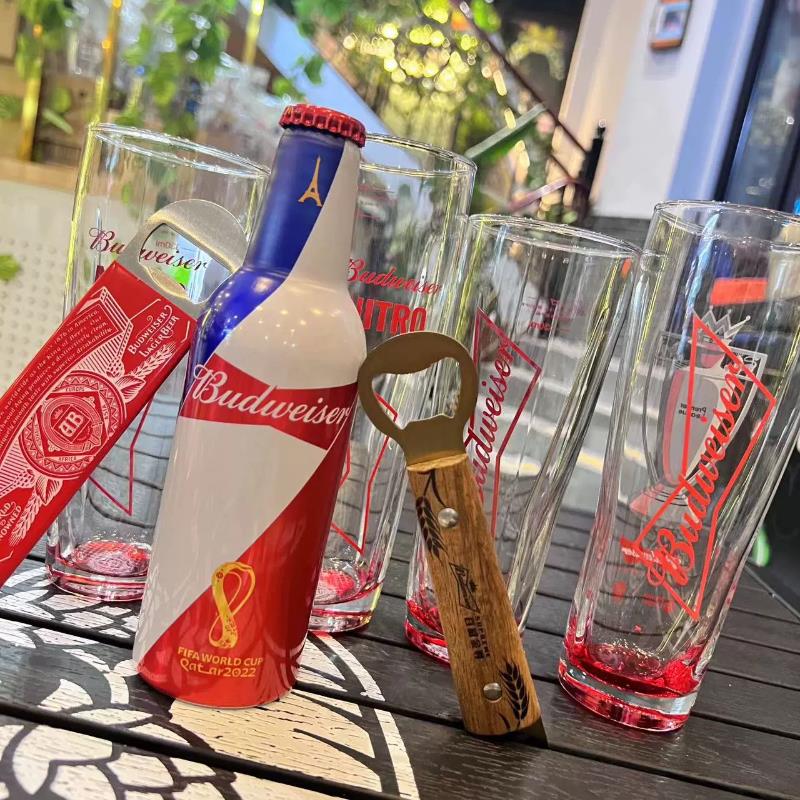 百威啤酒杯玻璃水杯直升杯红底加厚330ml酒吧品鉴家用大号扎啤杯