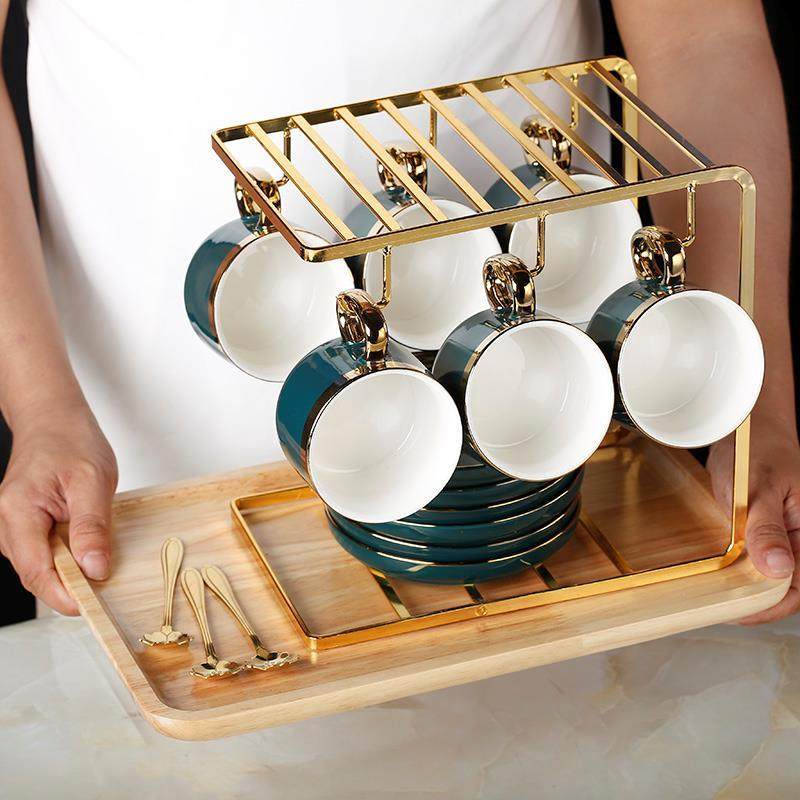 金色不锈钢咖啡杯杯架子置物架轻奢加托盘木质北欧风格高级收纳架