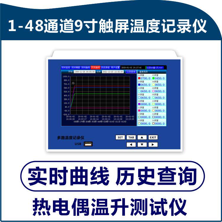 48路多路温度记录仪曲线工业级无纸记录仪送8GBU盘多路温度巡检仪