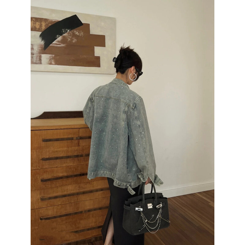 2024春秋新款设计感重工烫钻牛仔外套女翻领宽松韩版百搭夹克上衣,3C数码配件,USB多功能数码宝,淘宝优惠券,粉丝福利购,淘宝优惠卷