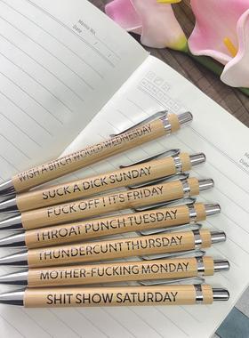 7pcs Funny Pens竹子笔 搞笑文案按动笔 创意办公广告星期圆珠笔
