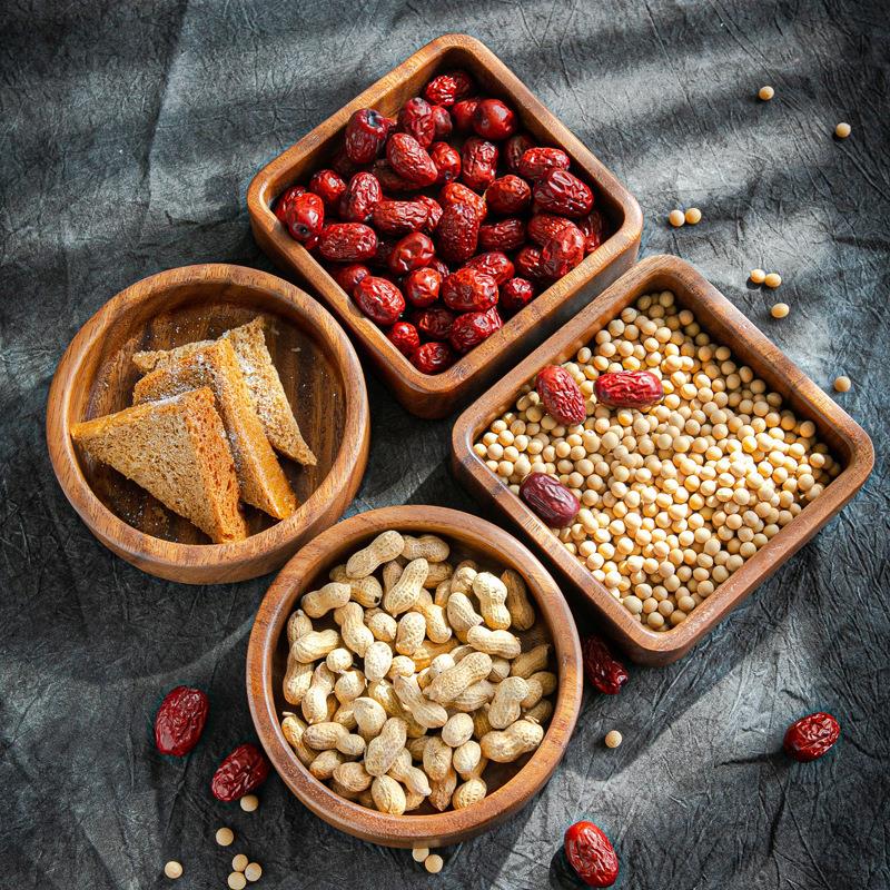 日式胡桃木方形托盘实木零食木盘子茶点糖果碗圆形水果盘干果盘