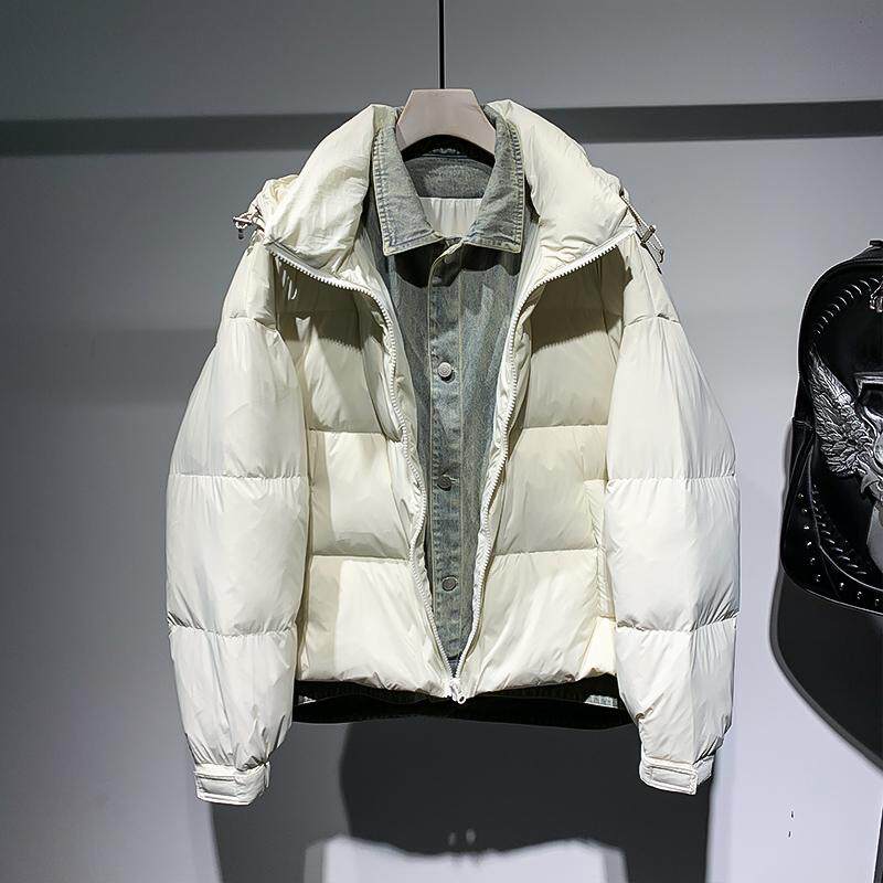 特琳露时尚潮牌男士青年羽绒服2024冬季新款假两件白鸭绒外套男潮