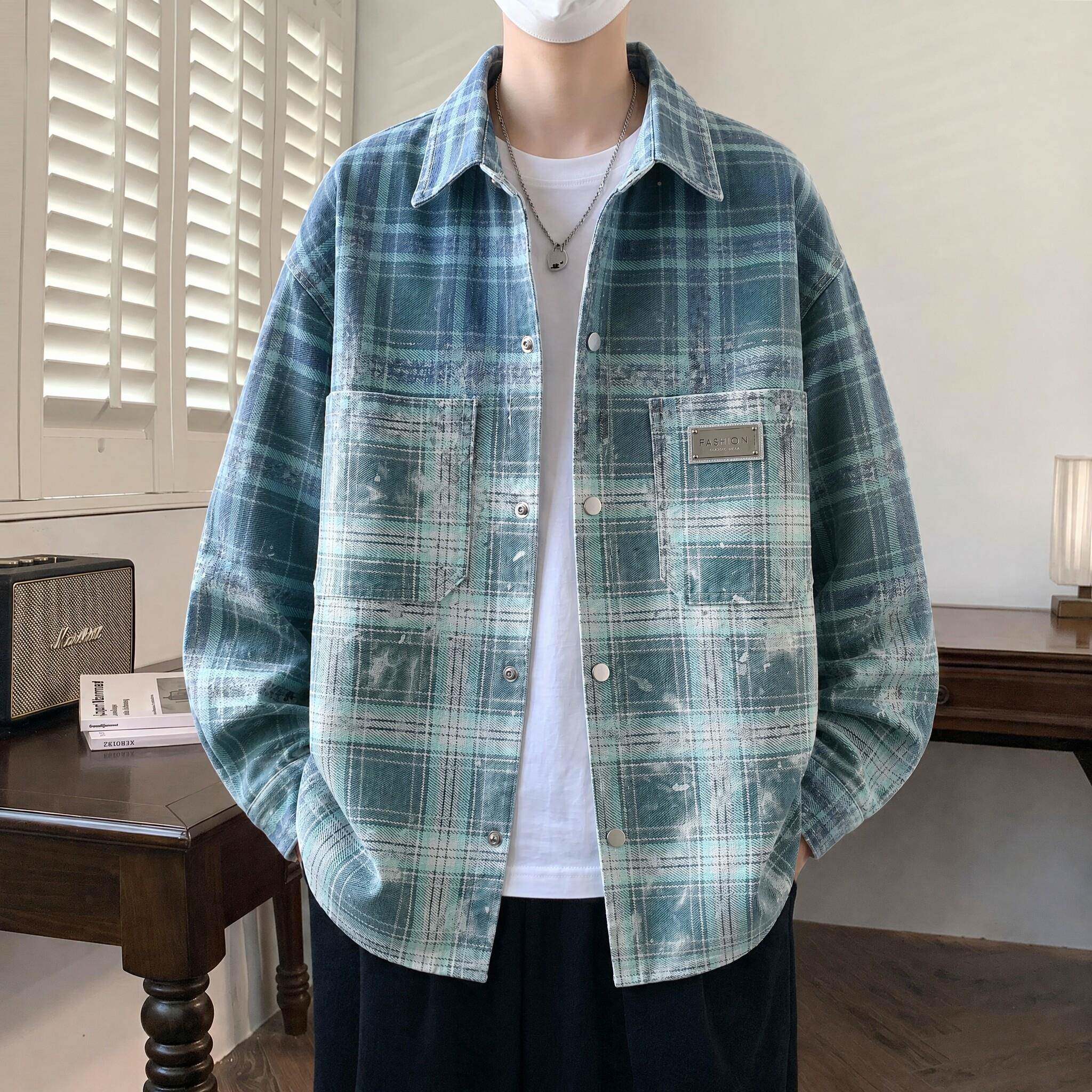 休闲风变男色格渐子衬衫夹克男宽松翻领外套青少年装帅XH-KYYZ-气