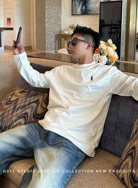 G311 STUDIO秋季logo刺绣男士长袖T恤男痞帅宽松内搭白色打底衫潮
