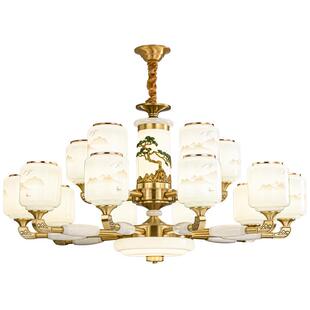 新中式全铜玉石客厅吊灯中国风禅意别墅复式楼大厅灯餐厅卧室吊灯