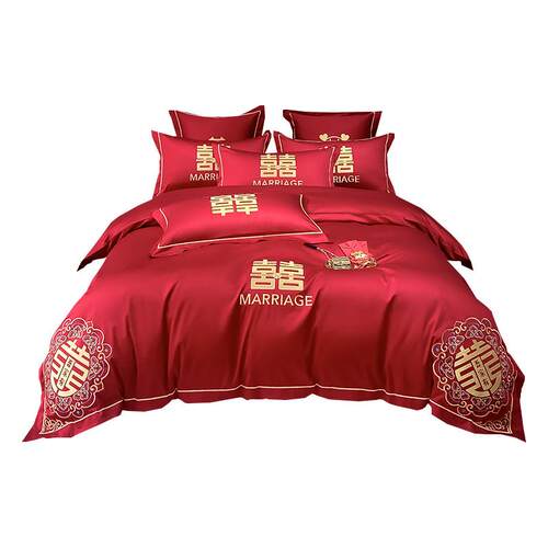 高档婚庆床上用品四件套大红色水洗棉喜被婚被套床单婚房结婚喜庆