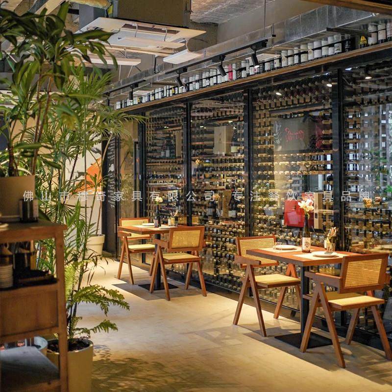 网红咖啡厅桌椅组合复古实木藤编餐厅商用餐椅餐饮店烘焙店休闲椅