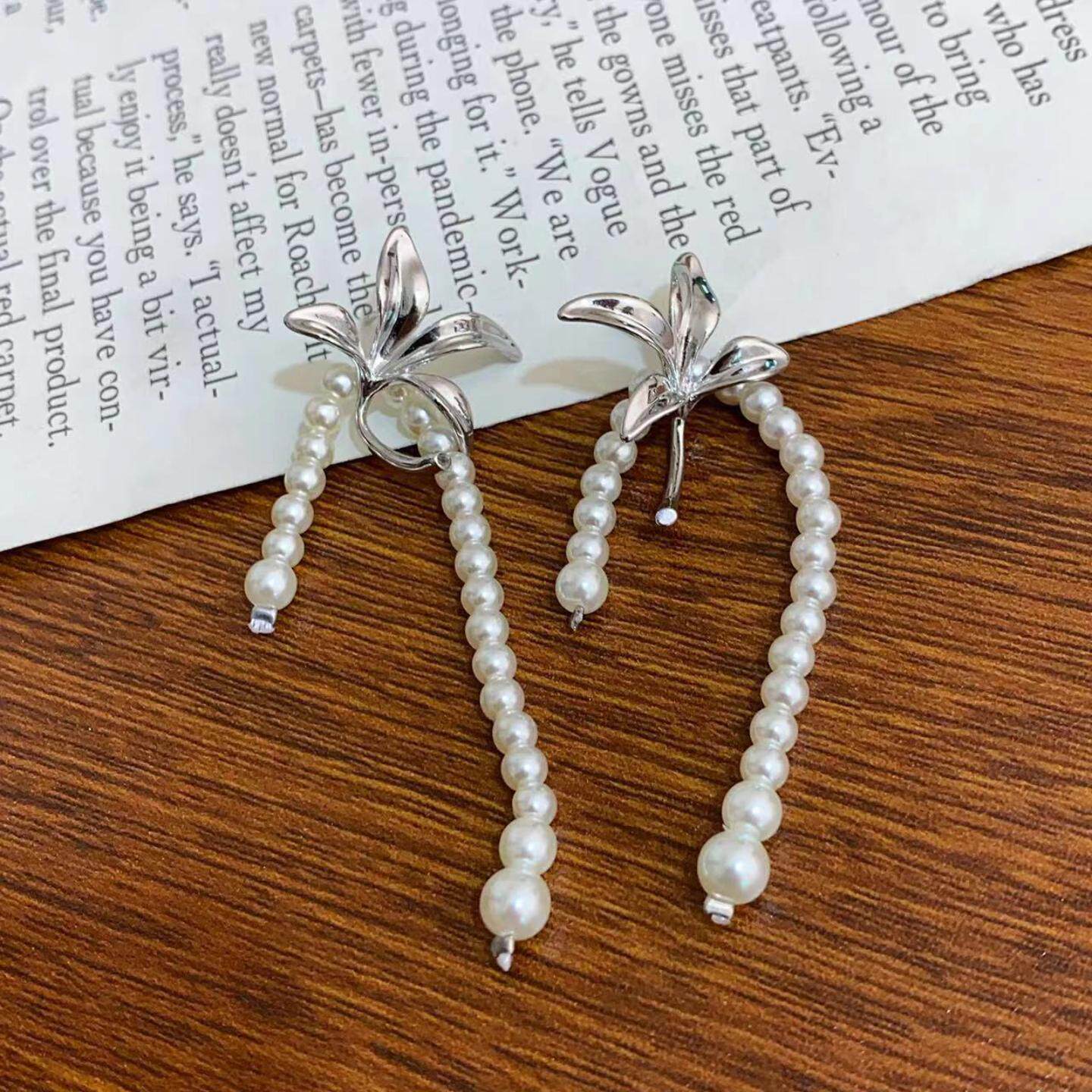 法式金银花珍珠串珠流苏耳环简约复古设计耳坠高级感通勤耳饰