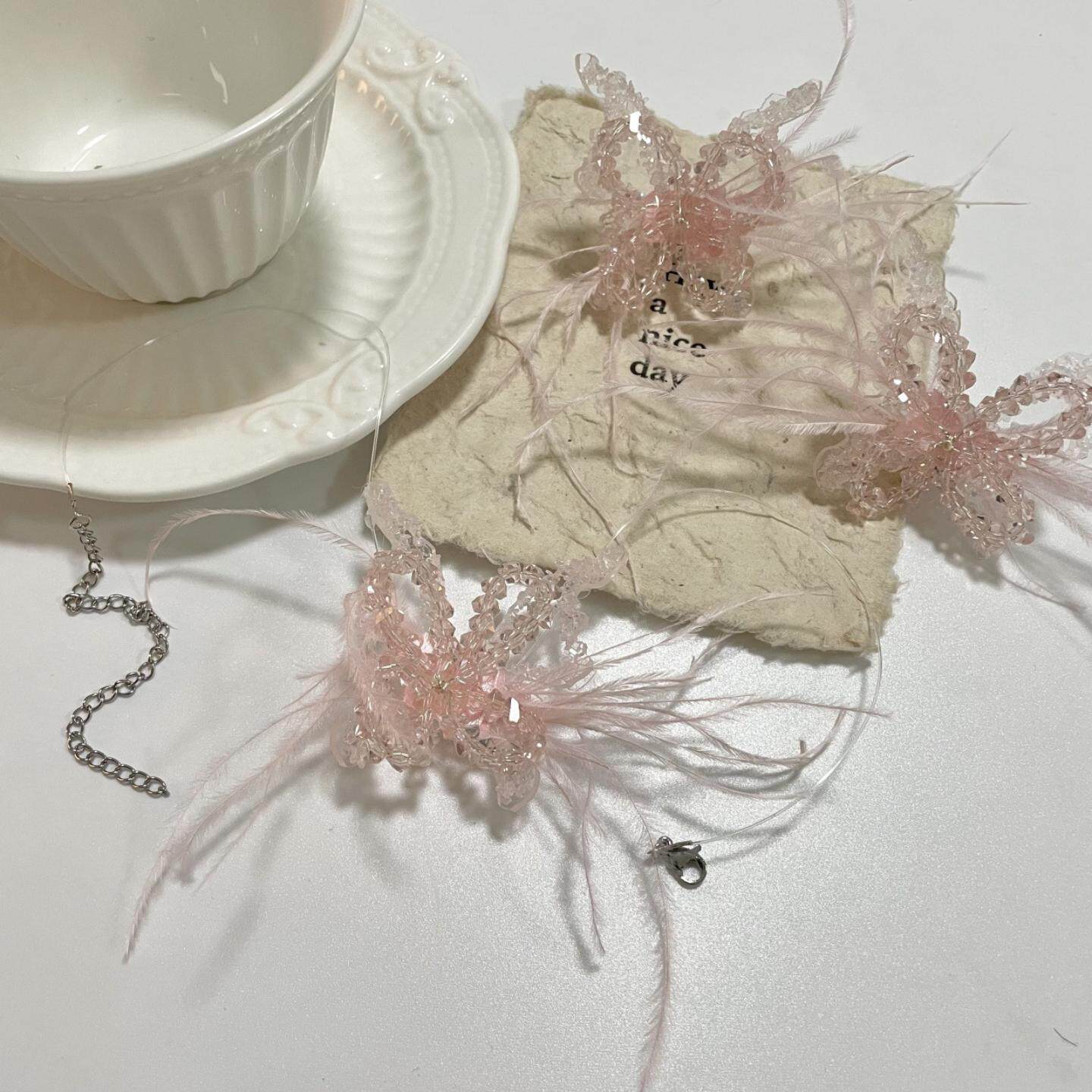 甜美公主风水晶串珠蝴蝶羽毛项链耳环超仙小清新感时尚饰品