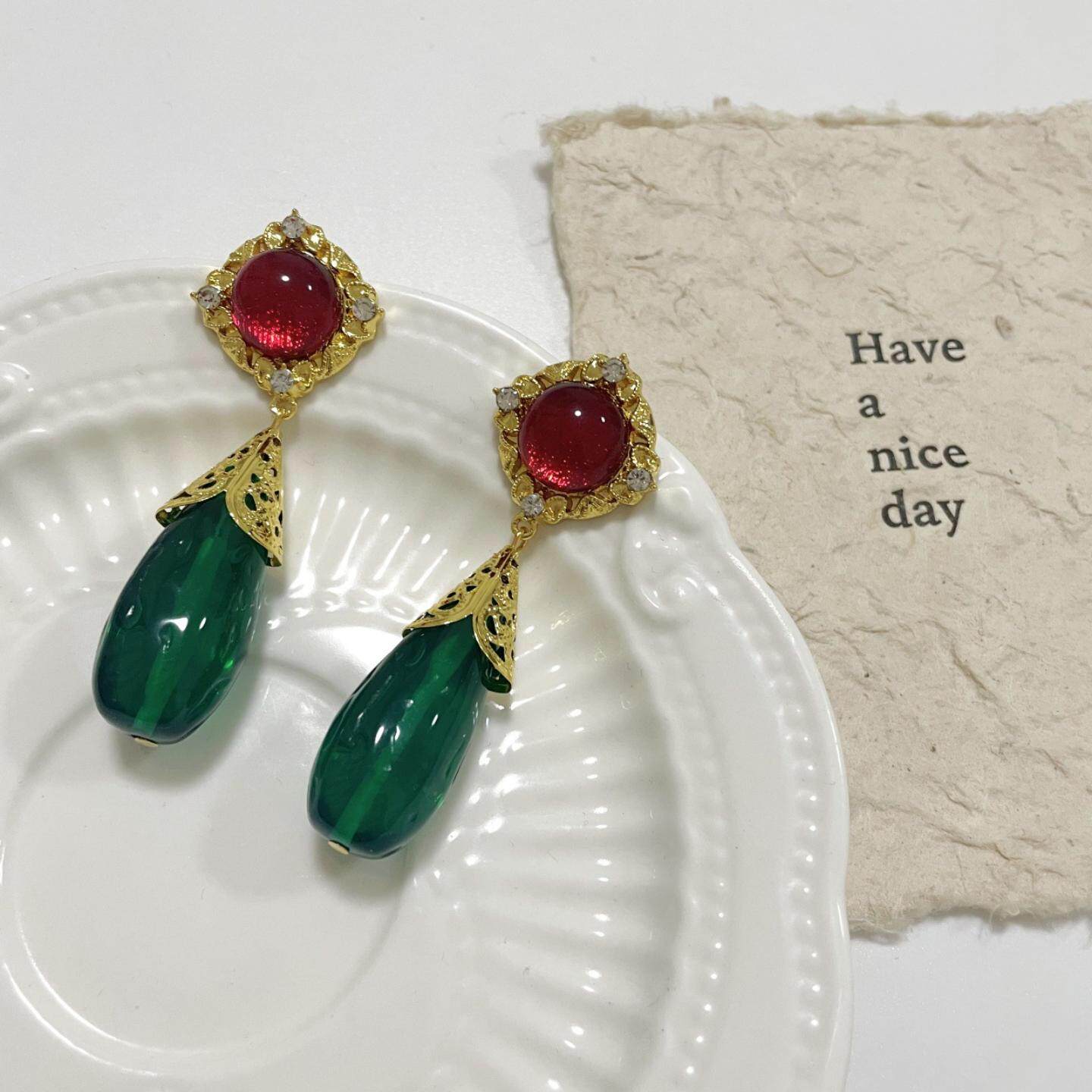 中古vintage镶钻水滴吊坠耳环法式复古时尚优雅气质耳饰时尚饰品