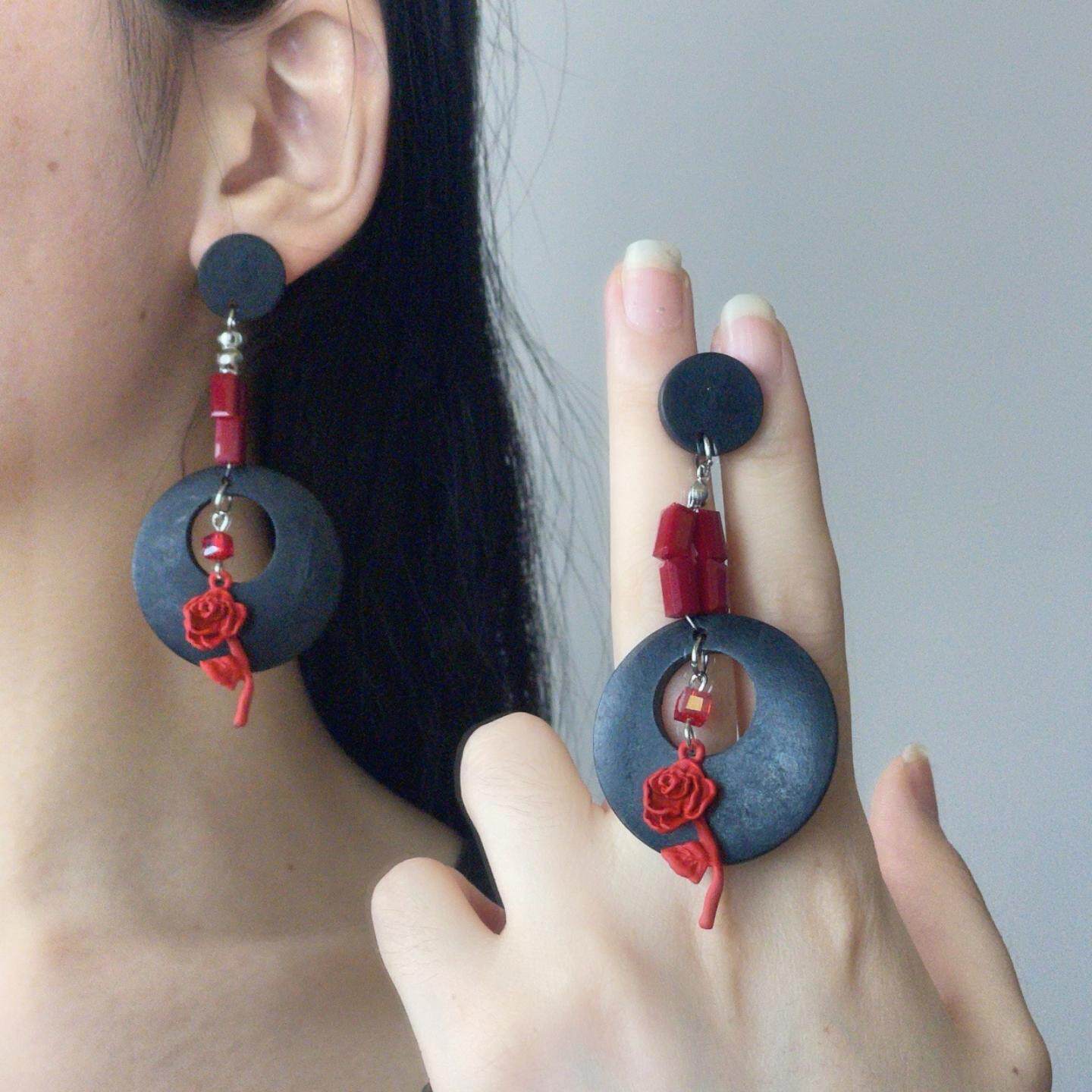 原创国风复古玫瑰花圆形吊坠耳环新中式时尚轻奢网红气质耳饰新款