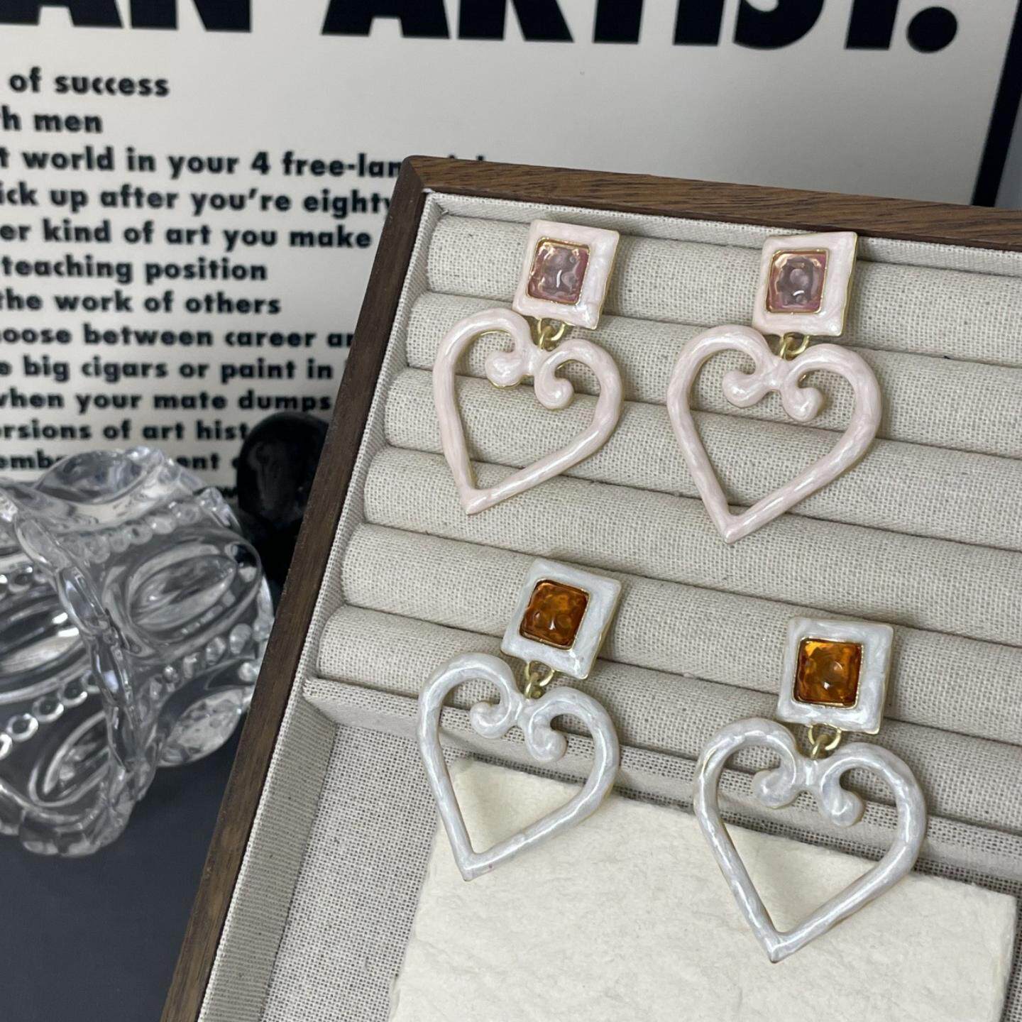 复古港风方形水钻爱心吊坠耳环时尚轻奢优雅大气高级感小众耳饰女