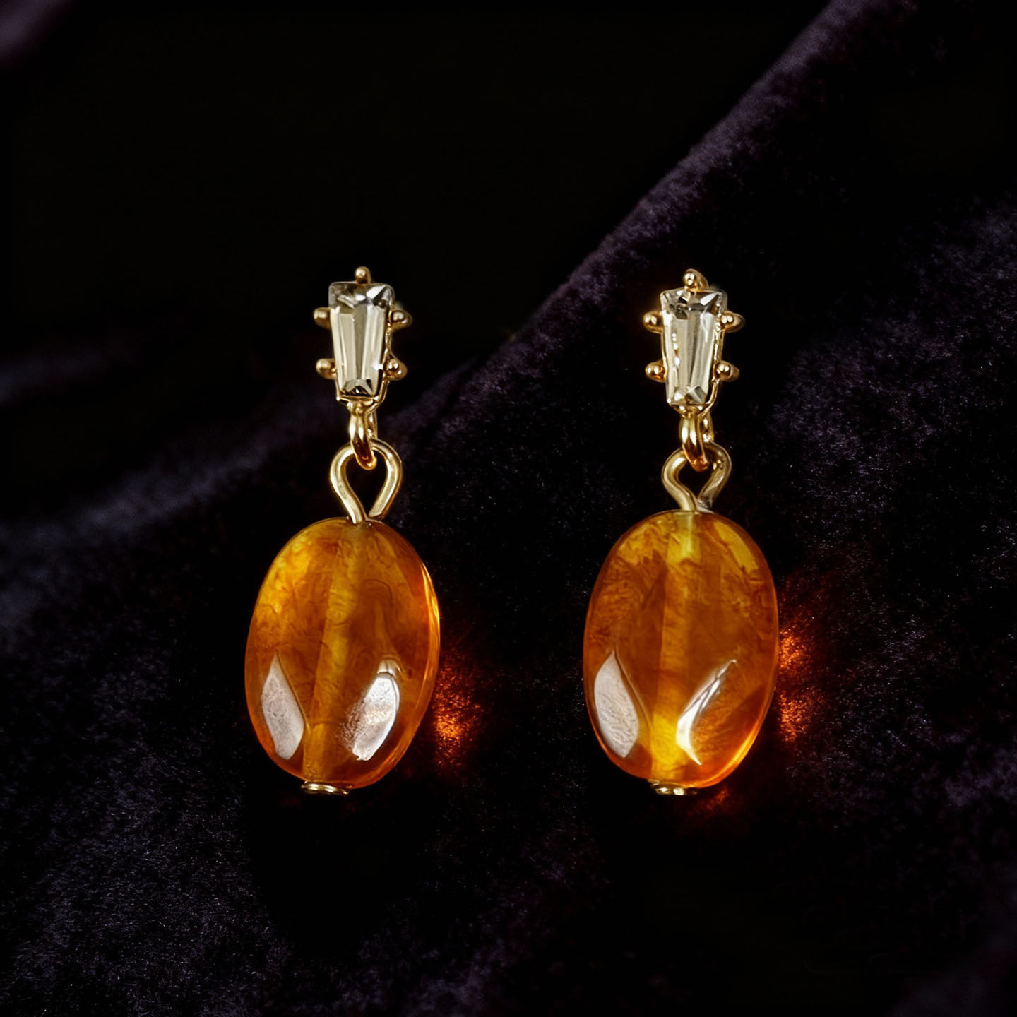 欧美热销锆石耳钉轻奢树脂椭圆吊坠耳环美拉德复古饰品