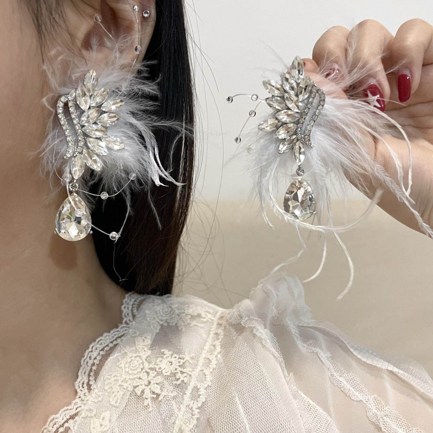 甜美超仙镶钻羽毛水滴耳环轻奢时尚优雅淑女气质耳饰森系饰品